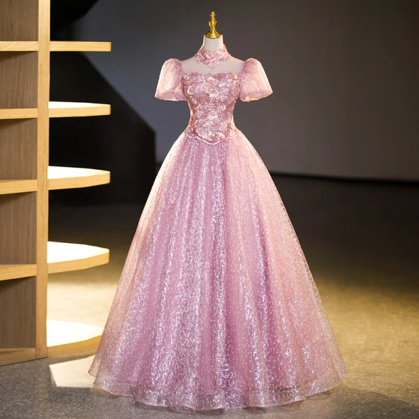 Bling Bling Elegant Candy Pink Rhinestone Sequins Lace Flower Prom Dresses 2023 Ball Gown High Neck Short Sleeve Backless Floor-Length / Long Prom