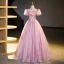 Bling Bling Elegant Candy Pink Rhinestone Sequins Lace Flower Prom Dresses 2023 Ball Gown High Neck Short Sleeve Backless Floor-Length / Long Prom