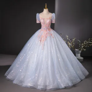 Élégant Bleu Ciel Paillettes En Dentelle Fleur Perlage Robe De Bal 2024 Robe Boule Encolure Dégagée Manches Courtes Dos Nu Longue Promo Robe De Ceremonie