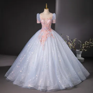 Elegant Sky Blue Sequins Lace Flower Beading Prom Dresses 2024 Ball Gown Scoop Neck Short Sleeve Backless Floor Length Long Prom Formal Dresses