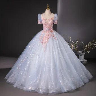 Elegantes Azul Cielo Lentejuelas Con Encaje Flor Rebordear Vestidos De Gala 2024 Ball Gown Scoop Escote Manga Corta Sin Espalda Largos Gala Vestidos Formales