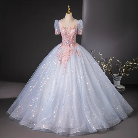 Elegante Himmelblau Pailletten Spitze Blumen Perlenstickerei Ballkleider 2024 Ballkleid Rundhalsausschnitt Kurze Ärmel Rückenfreies Lange Ball Festliche Kleider