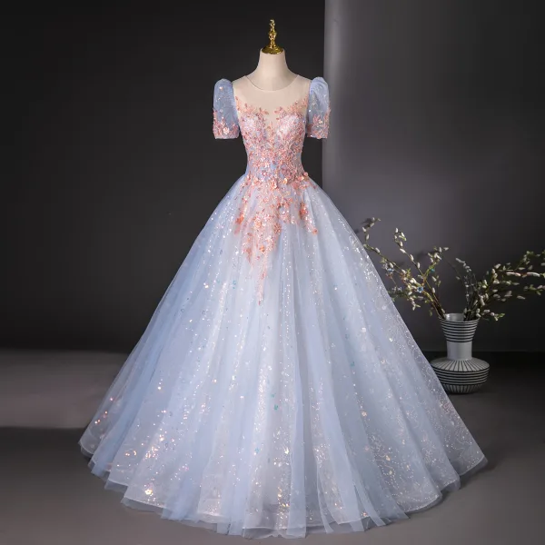 Elegant Sky Blue Sequins Lace Flower Beading Prom Dresses 2024 Ball Gown Scoop Neck Short Sleeve Backless Floor-Length / Long Prom Formal Dresses