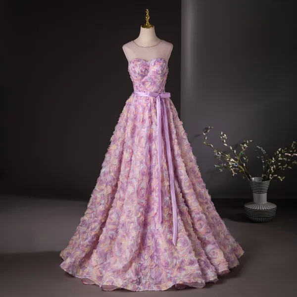 Flower Fairy Candy Pink Appliques Pearl Prom Dresses 2024 Ball Gown Scoop Neck Sleeveless Backless Bow Sash Floor-Length / Long Prom Formal Dresses