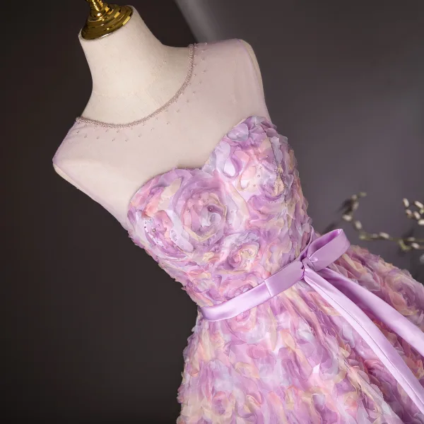 Flower Fairy Candy Pink Appliques Pearl Prom Dresses 2024 Ball Gown Scoop Neck Sleeveless Backless Bow Sash Floor-Length / Long Prom Formal Dresses
