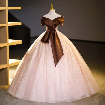 Elegant Coffee Sequins Prom Dresses Ball Gown 2023 Bow Off The Shoulder Short Sleeve Backless Floor Length Long Prom Formal Dresses