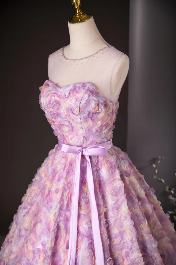 Flower Fairy Candy Pink Appliques Pearl Prom Dresses 2024 Ball Gown Scoop Neck Sleeveless Backless Bow Sash Floor-Length / Long Prom Formal Dresses
