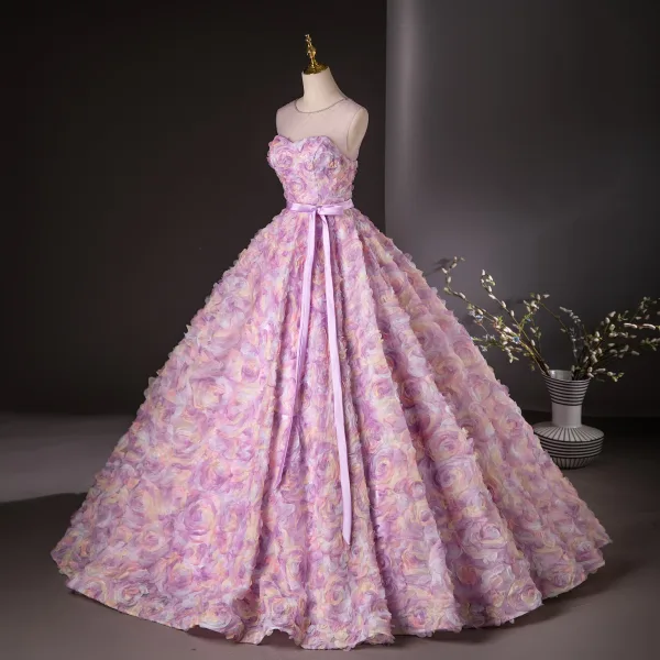 Flower Fairy Candy Pink Appliques Pearl Prom Dresses 2024 Ball Gown Scoop Neck Sleeveless Backless Bow Sash Floor-Length / Long Prom Formal Dresses