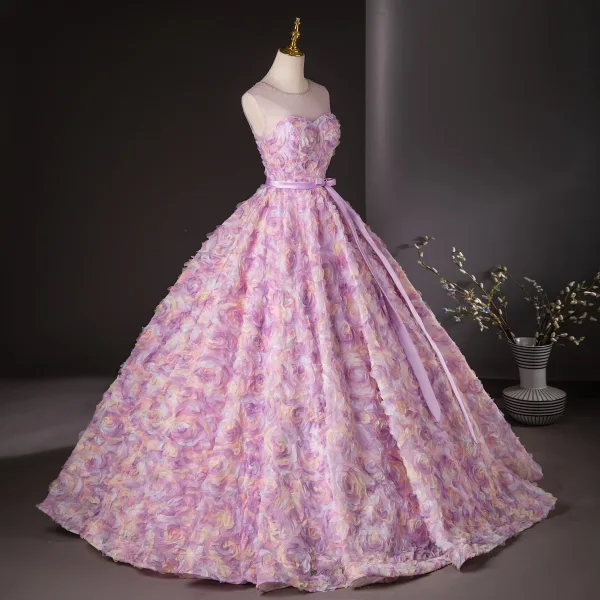 Flower Fairy Candy Pink Appliques Pearl Prom Dresses 2024 Ball Gown Scoop Neck Sleeveless Backless Bow Sash Floor-Length / Long Prom Formal Dresses
