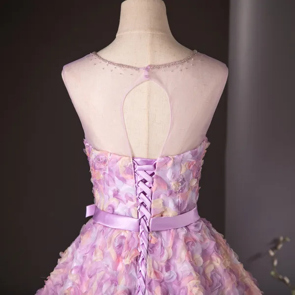 Flower Fairy Candy Pink Appliques Pearl Prom Dresses 2024 Ball Gown Scoop Neck Sleeveless Backless Bow Sash Floor-Length / Long Prom Formal Dresses