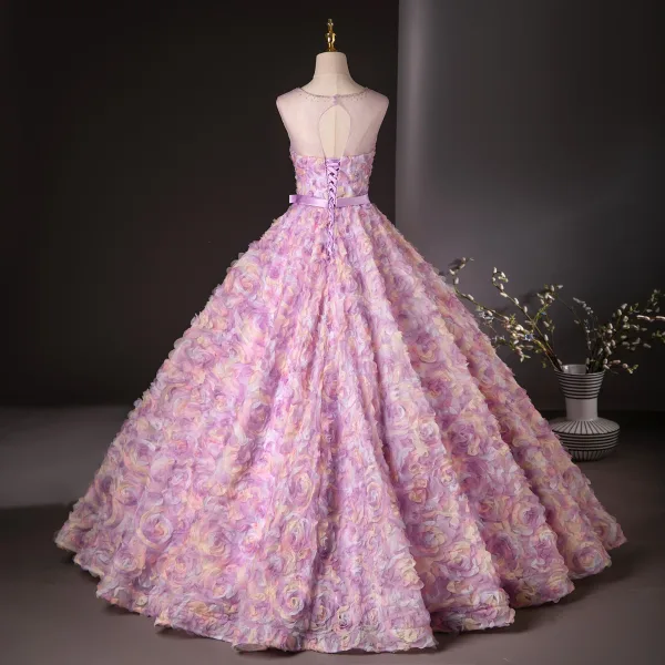 Flower Fairy Candy Pink Appliques Pearl Prom Dresses 2024 Ball Gown Scoop Neck Sleeveless Backless Bow Sash Floor-Length / Long Prom Formal Dresses