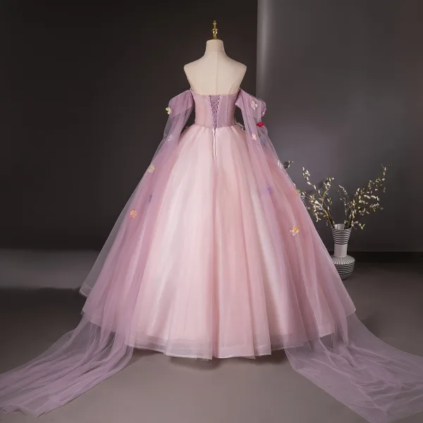 Elegant Blushing Pink Sequins Lace Flower Appliques Prom Dresses 2024 Ball Gown Strapless Sleeveless Backless Floor-Length / Long Prom Formal Dresses