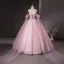Elegant Blushing Pink Sequins Lace Flower Appliques Prom Dresses 2024 Ball Gown Strapless Sleeveless Backless Floor-Length / Long Prom Formal Dresses
