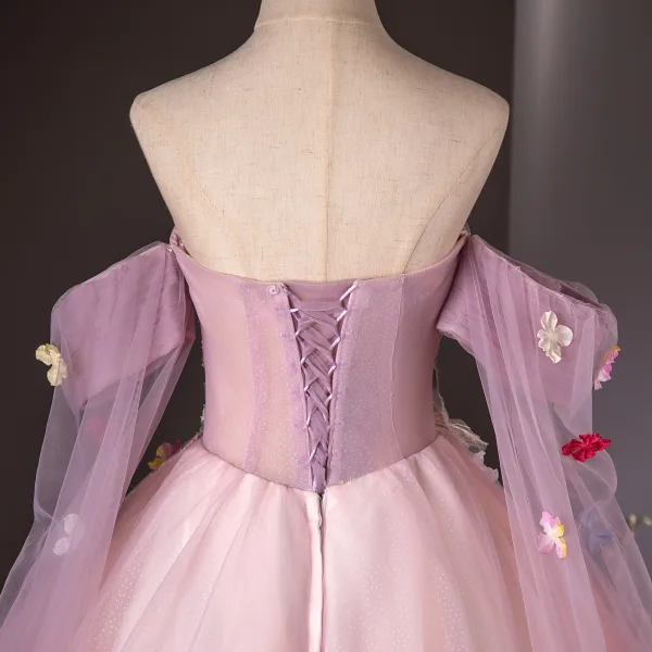 Elegant Blushing Pink Sequins Lace Flower Appliques Prom Dresses 2024 Ball Gown Strapless Sleeveless Backless Floor-Length / Long Prom Formal Dresses