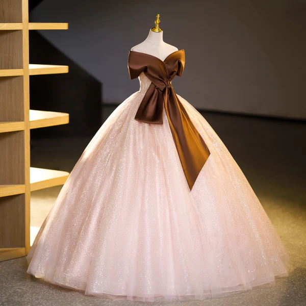 Elegant Coffee Sequins Prom Dresses Ball Gown 2023 Bow Off-The-Shoulder Short Sleeve Backless Floor-Length / Long Prom Formal Dresses