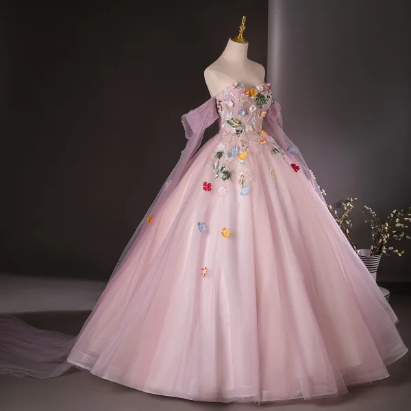 Elegant Blushing Pink Sequins Lace Flower Appliques Prom Dresses 2024 Ball Gown Strapless Sleeveless Backless Floor-Length / Long Prom Formal Dresses