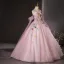 Elegant Blushing Pink Sequins Lace Flower Appliques Prom Dresses 2024 Ball Gown Strapless Sleeveless Backless Floor-Length / Long Prom Formal Dresses