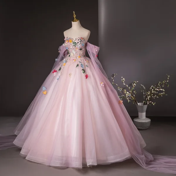 Elegant Blushing Pink Sequins Lace Flower Appliques Prom Dresses 2024 Ball Gown Strapless Sleeveless Backless Floor-Length / Long Prom Formal Dresses
