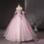 Elegant Blushing Pink Sequins Lace Flower Appliques Prom Dresses 2024 Ball Gown Strapless Sleeveless Backless Floor-Length / Long Prom Formal Dresses
