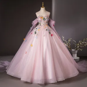Élégant Rougissant Rose Paillettes En Dentelle Fleur Appliques Robe De Bal 2024 Robe Boule Bustier Sans Manches Dos Nu Longue Promo Robe De Ceremonie