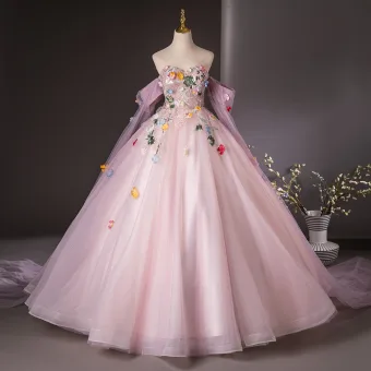 Élégant Rougissant Rose Paillettes En Dentelle Fleur Appliques Robe De Bal 2024 Robe Boule Bustier Sans Manches Dos Nu Longue Promo Robe De Ceremonie