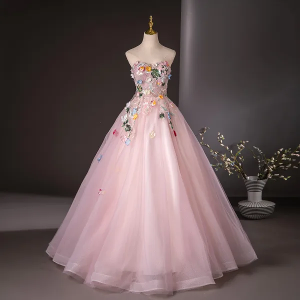 Elegant Blushing Pink Sequins Lace Flower Appliques Prom Dresses 2024 Ball Gown Strapless Sleeveless Backless Floor-Length / Long Prom Formal Dresses