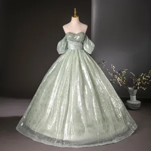 Scintillantes Vert Cendré Paillettes Robe De Bal 2024 Robe Boule Bustier Manches Courtes Dos Nu Longue Promo Robe De Ceremonie