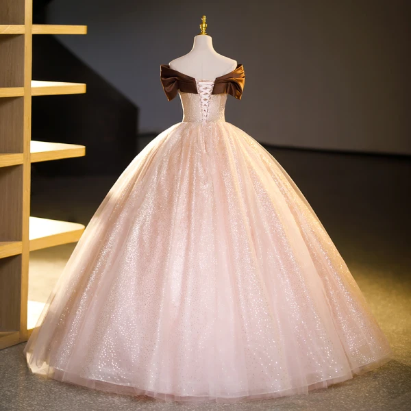 Elegant Coffee Sequins Prom Dresses Ball Gown 2023 Bow Off-The-Shoulder Short Sleeve Backless Floor-Length / Long Prom Formal Dresses