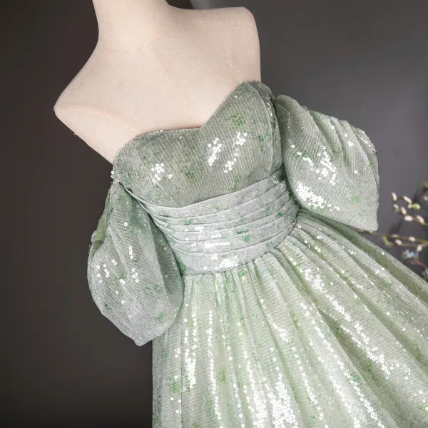 Sparkly Sage Green Sequins Prom Dresses 2024 Ball Gown Strapless Short Sleeve Backless Floor-Length / Long Prom Formal Dresses