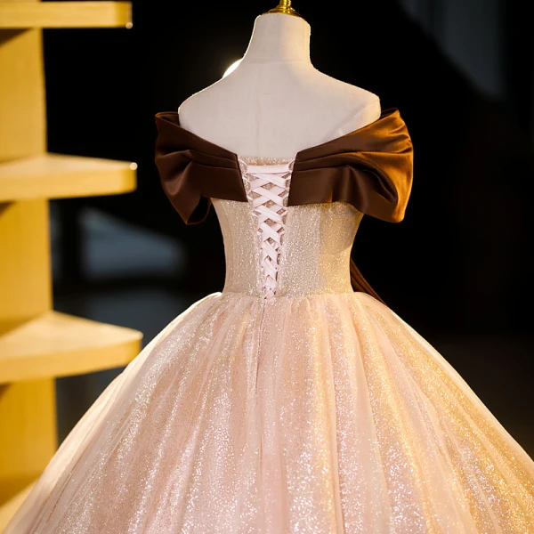 Elegant Coffee Sequins Prom Dresses Ball Gown 2023 Bow Off-The-Shoulder Short Sleeve Backless Floor-Length / Long Prom Formal Dresses