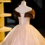 Elegant Coffee Sequins Prom Dresses Ball Gown 2023 Bow Off-The-Shoulder Short Sleeve Backless Floor-Length / Long Prom Formal Dresses