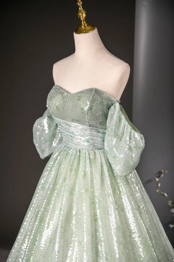 Sparkly Sage Green Sequins Prom Dresses 2024 Ball Gown Strapless Short Sleeve Backless Floor-Length / Long Prom Formal Dresses