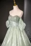 Sparkly Sage Green Sequins Prom Dresses 2024 Ball Gown Strapless Short Sleeve Backless Floor-Length / Long Prom Formal Dresses