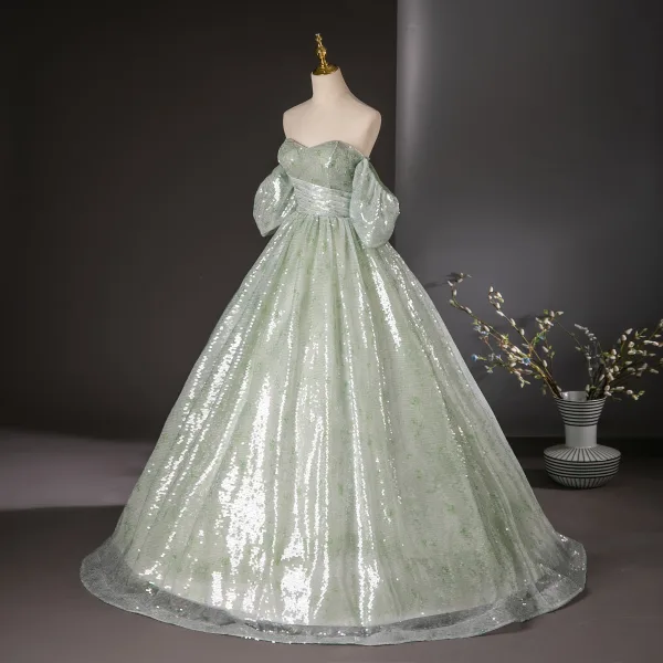 Sparkly Sage Green Sequins Prom Dresses 2024 Ball Gown Strapless Short Sleeve Backless Floor-Length / Long Prom Formal Dresses