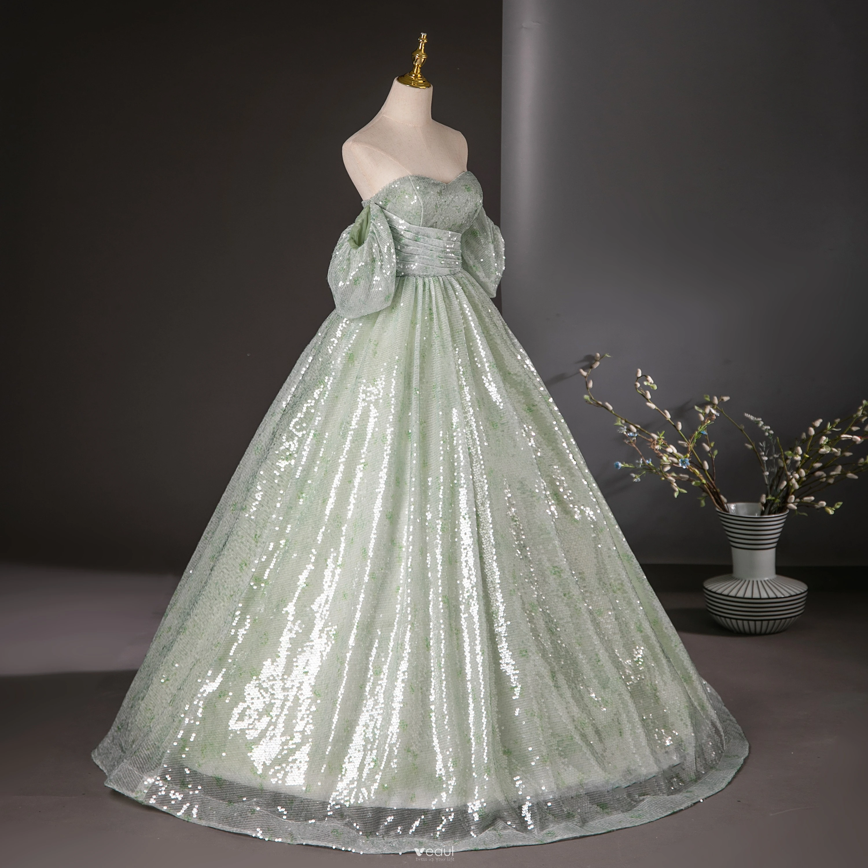 Sparkly Sage Green Sequins Prom Dresses 2024 Ball Gown Strapless Short  Sleeve Backless Floor-Length / Long Prom Formal Dresses