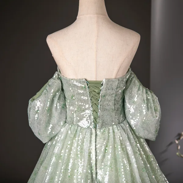 Sparkly Sage Green Sequins Prom Dresses 2024 Ball Gown Strapless Short Sleeve Backless Floor-Length / Long Prom Formal Dresses