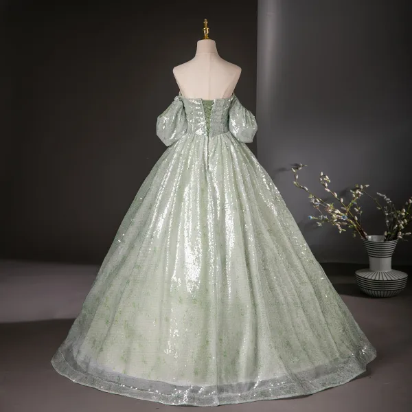 Sparkly Sage Green Sequins Prom Dresses 2024 Ball Gown Strapless Short Sleeve Backless Floor-Length / Long Prom Formal Dresses