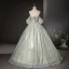 Sparkly Sage Green Sequins Prom Dresses 2024 Ball Gown Strapless Short Sleeve Backless Floor-Length / Long Prom Formal Dresses