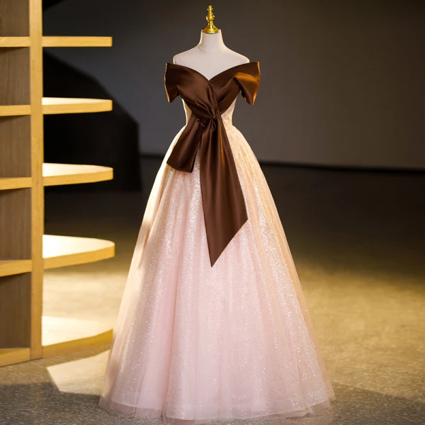 Elegant Coffee Sequins Prom Dresses Ball Gown 2023 Bow Off-The-Shoulder Short Sleeve Backless Floor-Length / Long Prom Formal Dresses