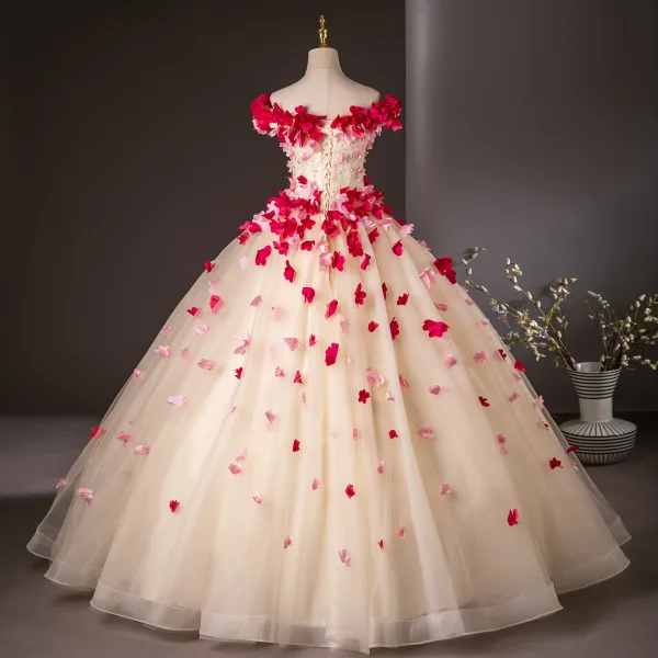 Flower Fairy Champagne Appliques Ball Gown Prom Dresses 2024 Strapless Sleeveless Backless Floor-Length / Long Prom Formal Dresses