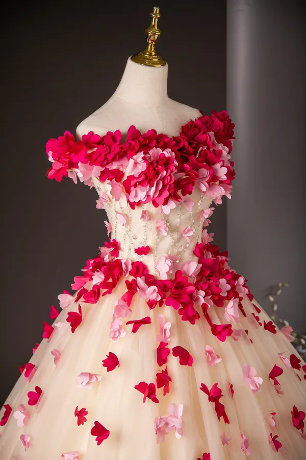 Flower Fairy Champagne Appliques Ball Gown Prom Dresses 2024 Strapless Sleeveless Backless Floor-Length / Long Prom Formal Dresses