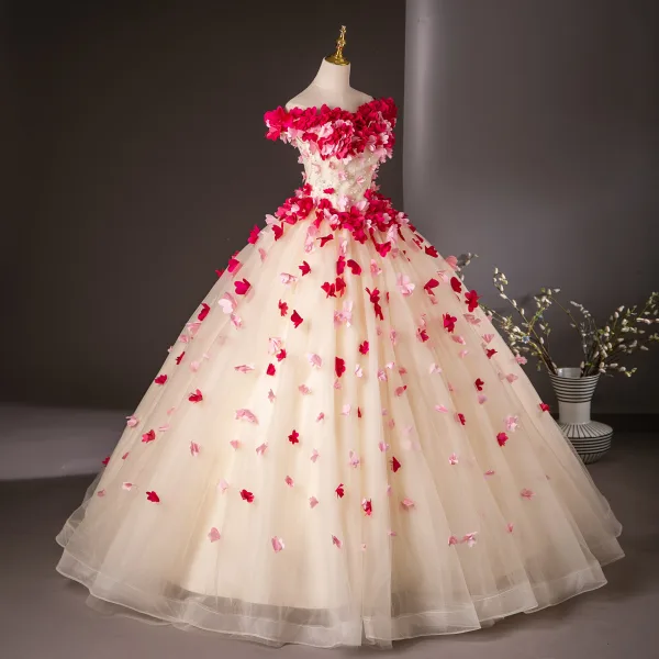 Flower Fairy Champagne Appliques Ball Gown Prom Dresses 2024 Strapless Sleeveless Backless Floor-Length / Long Prom Formal Dresses