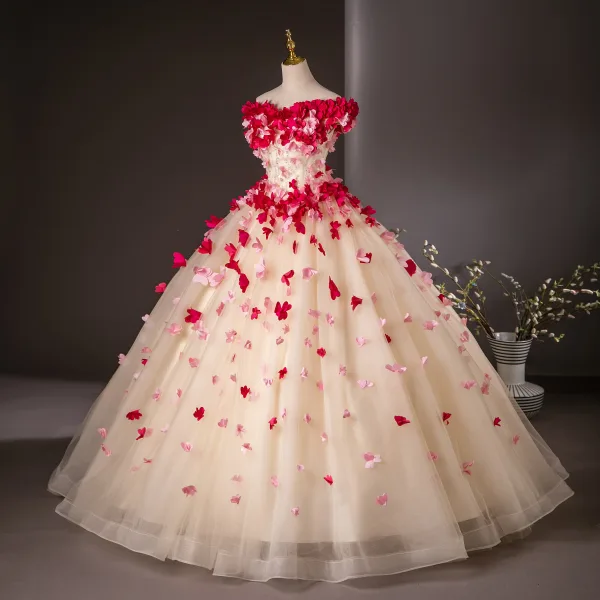 Flower Fairy Champagne Appliques Ball Gown Prom Dresses 2024 Strapless Sleeveless Backless Floor-Length / Long Prom Formal Dresses