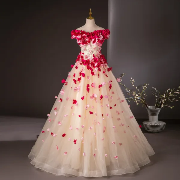 Flower Fairy Champagne Appliques Ball Gown Prom Dresses 2024 Strapless Sleeveless Backless Floor-Length / Long Prom Formal Dresses