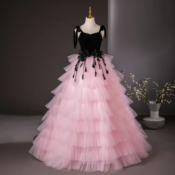 Fashion Blushing Pink Cascading Ruffles Prom Dresses 2024 Ball Gown Spaghetti Straps Sleeveless Backless Floor-Length / Long Prom Formal Dresses