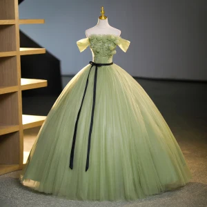 Élégant Vert Cendré Perlage Paillettes Robe De Bal 2023 Robe Boule De L Épaule Manches Courtes Dos Nu Noeud Ceinture Longue Promo Robe De Ceremonie
