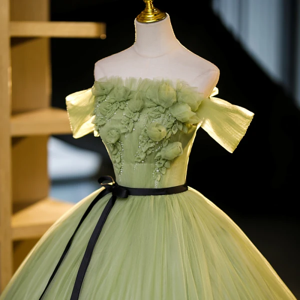 Elegant Sage Green Beading Sequins Prom Dresses 2023 Ball Gown Off-The-Shoulder Short Sleeve Backless Bow Sash Floor-Length / Long Prom Formal Dresses
