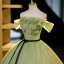 Elegant Sage Green Beading Sequins Prom Dresses 2023 Ball Gown Off-The-Shoulder Short Sleeve Backless Bow Sash Floor-Length / Long Prom Formal Dresses