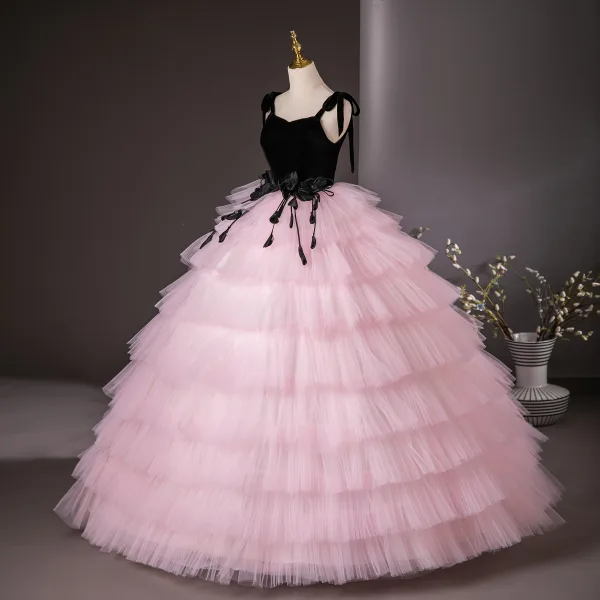 Fashion Blushing Pink Cascading Ruffles Prom Dresses 2024 Ball Gown Spaghetti Straps Sleeveless Backless Floor-Length / Long Prom Formal Dresses