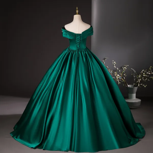 Vintage / Retro Dark Green Sequins Satin Prom Dresses Ball Gown 2024 Off-The-Shoulder Short Sleeve Backless Floor-Length / Long Prom Formal Dresses